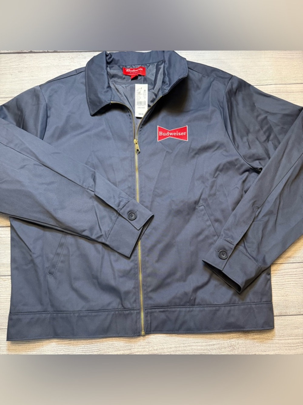 PacSun Budweiser Dark Blue Jacket with Red Logo and Gold Zipper